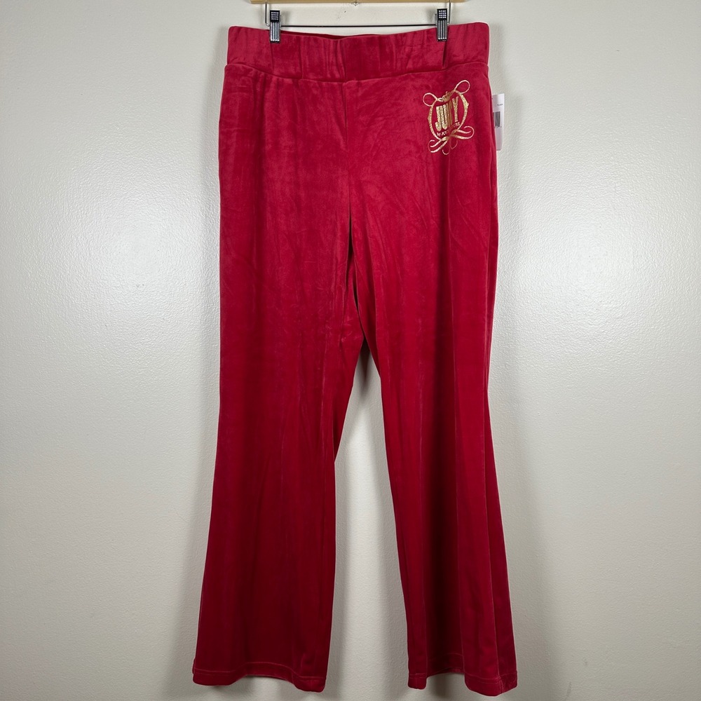 Juicy by Juicy Couture Women's XL Track Pants Red Velour‎ Glitter Logo Flare NEW